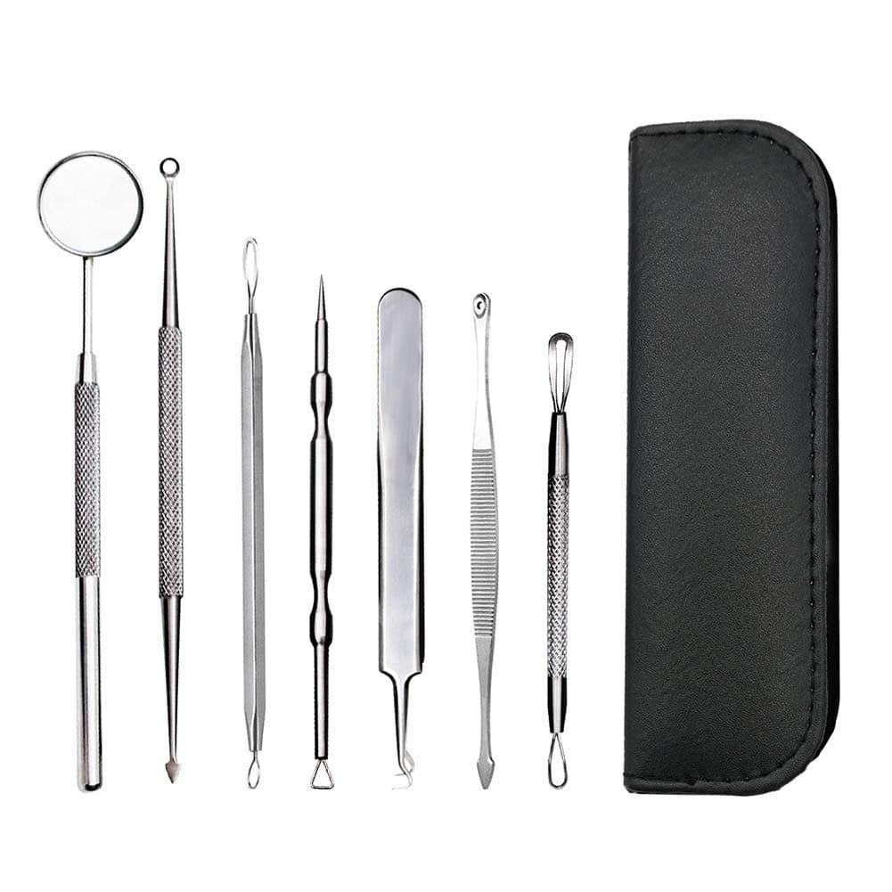 Blackhead Remover Tools, 7 Pcs Comedone Pimple Extractor Tool Kit, Acne Zit Removal Kits, Best Treatment for Blemish, Whitehead Popper with Stainless Steel Curved Tweezers, Needles and Mirror