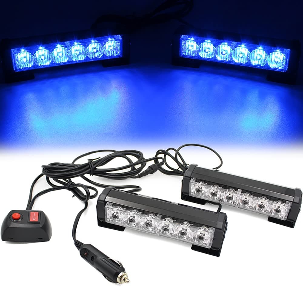 FOXCID 2 X 6 LED 9 Modes Traffic Advisor Emergency Warning Vehicle Strobe Lights for Interior Roof/Dash/Windshield/Grille/Deck Universal Waterproof (Blue)