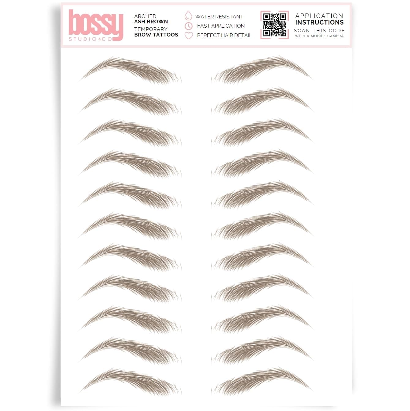 Brows by Bossy Studio & Co Temporary Eyebrow Tattoos Waterproof Eyebrow Stickers, False Tattoos Hair Like Peel Off Instant Transfer Brow arched ash brown