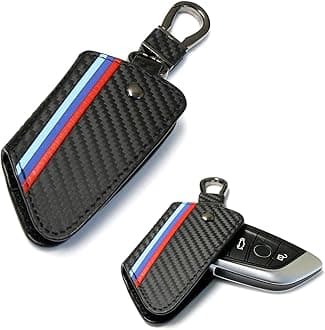 iJDMTOY Iconic 3-Color Stripe Black Carbon Fiber Pattern Leather Key Holder w/Keychain Compatible With BMW 2016-22 X1, 2019-22 X4, 2014-22 X5, 2015-22 X6, 2017-22 5 Series & 2016-22 7 Series
