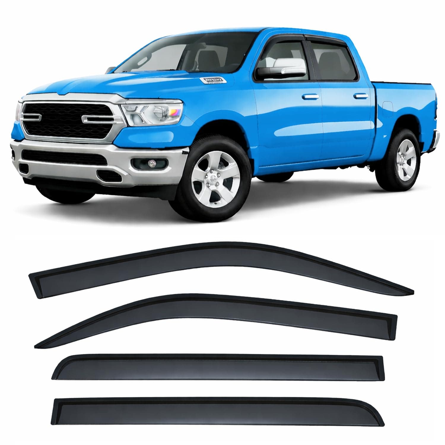 2019-2026 Tape-On Side Window Deflector Visors Compatible with Dodge Ram 1500 Crew Cab Only Smoke Tinted Rain Guards 2020 2021 2022 2023 2024 2025