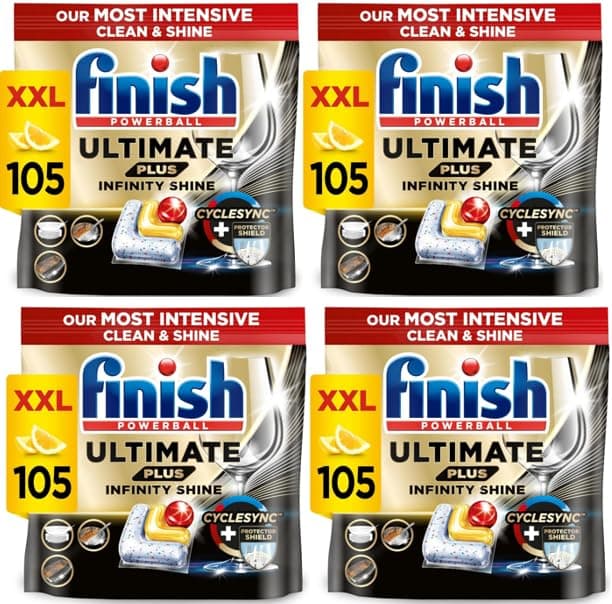 Finish Dishwasher Tablet, Ultimate Plus Infinity Shine, 420 Tabs (105 x 4pck), Lemon Sparkle, Tough on Grease, Our Most Intensive Clean & Shine, Effective for Short Eco Cycle