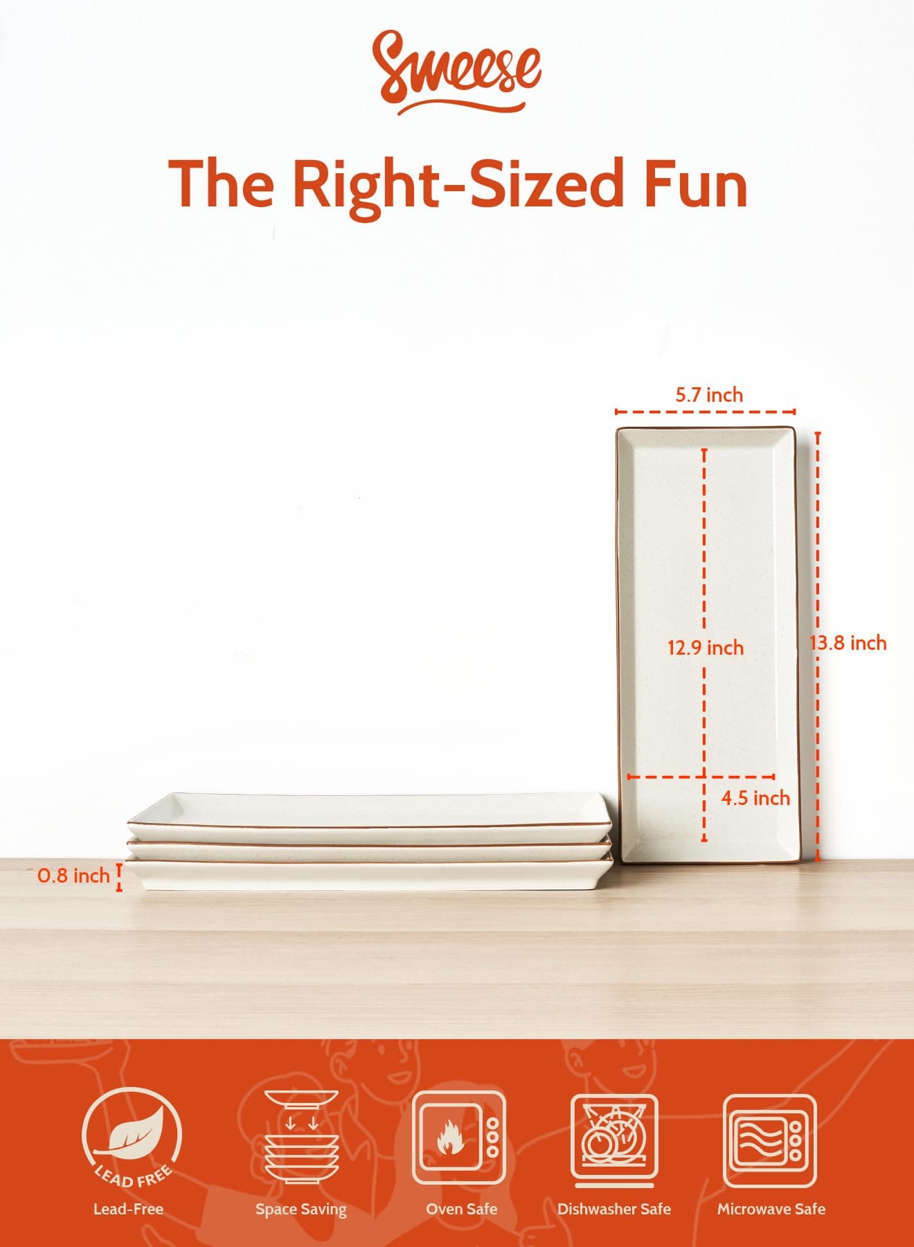 Sweese Rectangular Porcelain Platters, Vanilla White with Brown Trim, Serving Trays for Parties, 13.8 Inch Large Serving Dishes for Steak, Taco, Sushi, Appetizer - Dishwasher & Oven Safe - Set of 4