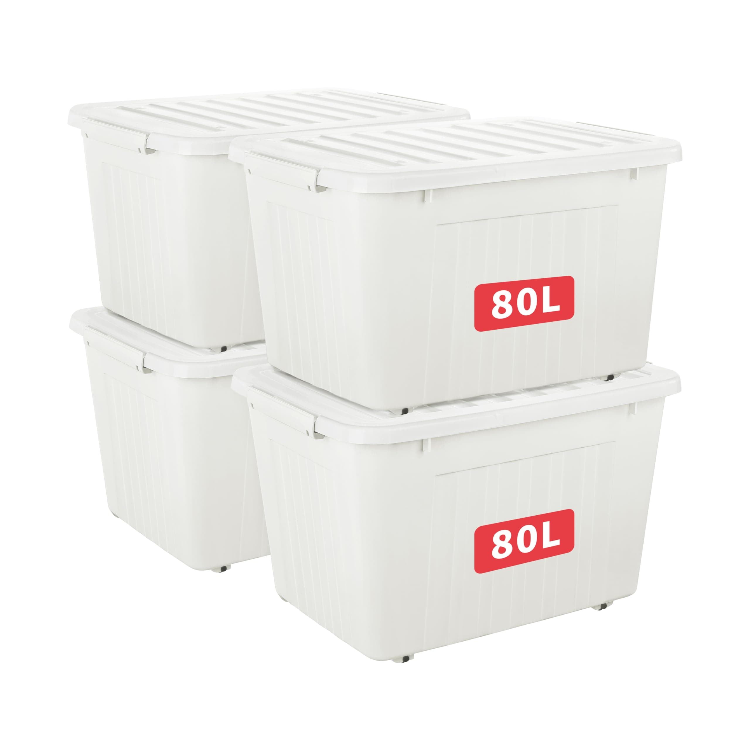 Cetomo 80L*4 Storage Boxes with Lids, Plastic Storage Box with Wheels and Secure Side Latches, Stackable & Nestable Organizer for Home, Office, Moving, PP, White, 80L-4 Pack