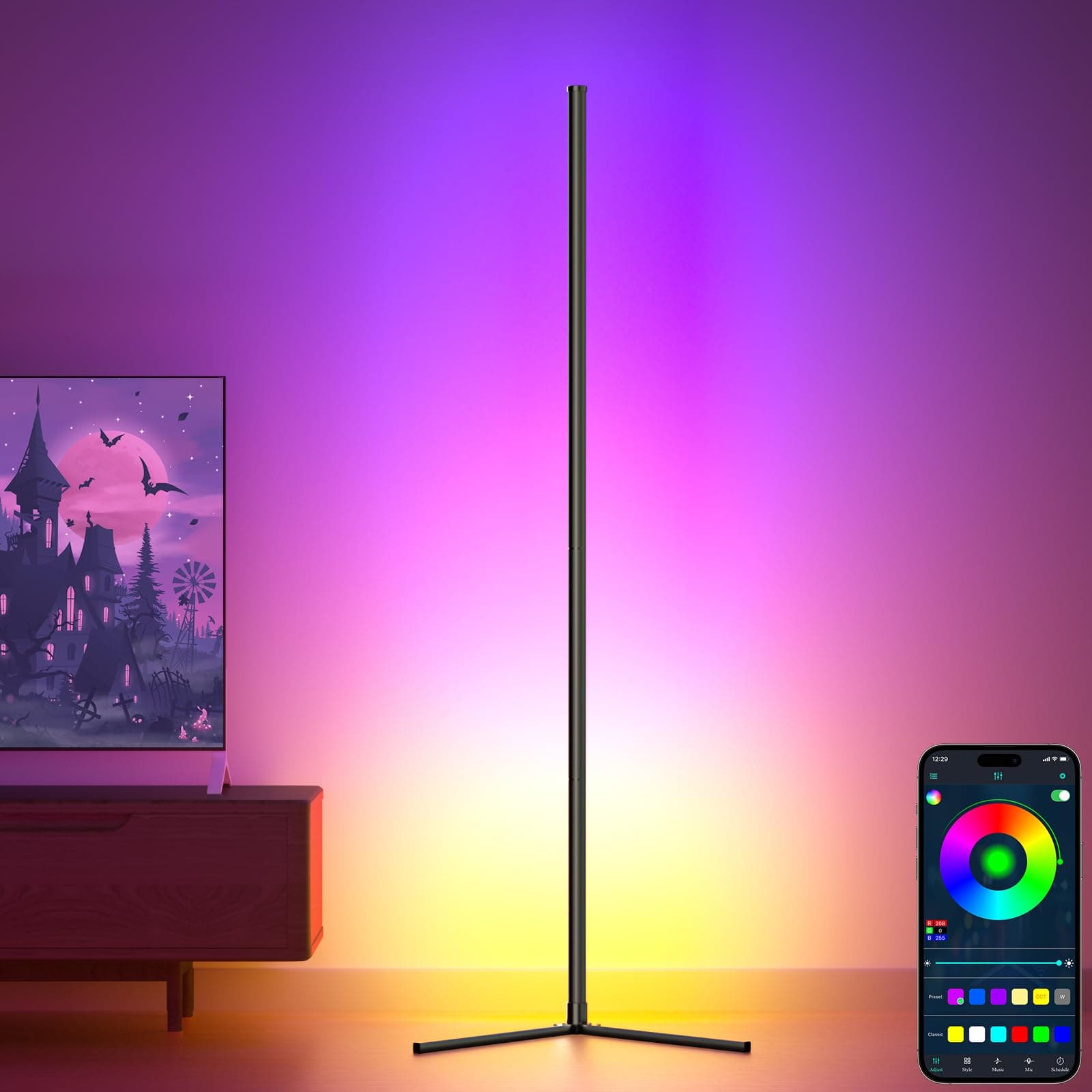 Bedee LED RGB Floor Lamp - 4.2ft Dimmable Colour Changing Standing Light with APP/Remote Control/Music Sync, Modern Corner Lamp for Living Room, Bedroom, Mood Lighting [Energy Class F]