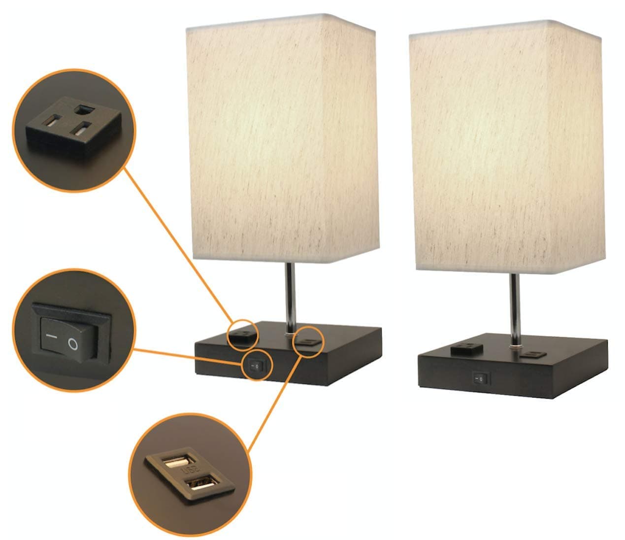 Paradis Bedside Table Lamps with 2 USB Charging Outlets & 1 Power Outlet Port. Modern Design, Wood Base with Fabric Shade for Night Stand. Desk Lamp & Nightstand Lamp - Charges Electronics (Pack of 2)