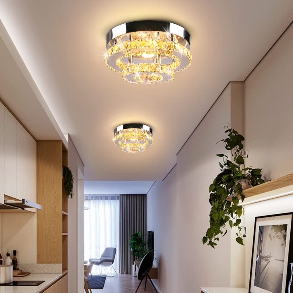 2-Tier Crystal Flush Mount Mini Chandelier Ceiling Light, 30W LED Modern Round Ceiling Fixture for Hallway Entryway Staircase Kitchen, Warm White (2500–3500K)