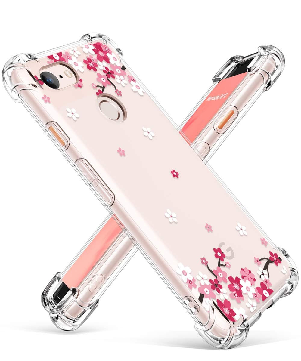 GVIEWIN Designed for Google Pixel 3 Case, Clear Flower Pattern Design Soft & Flexible TPU Slim Fit Shockproof Transparent Floral Cover, Cases for Pixel 3 2018 (Peach Blossom/Pink)