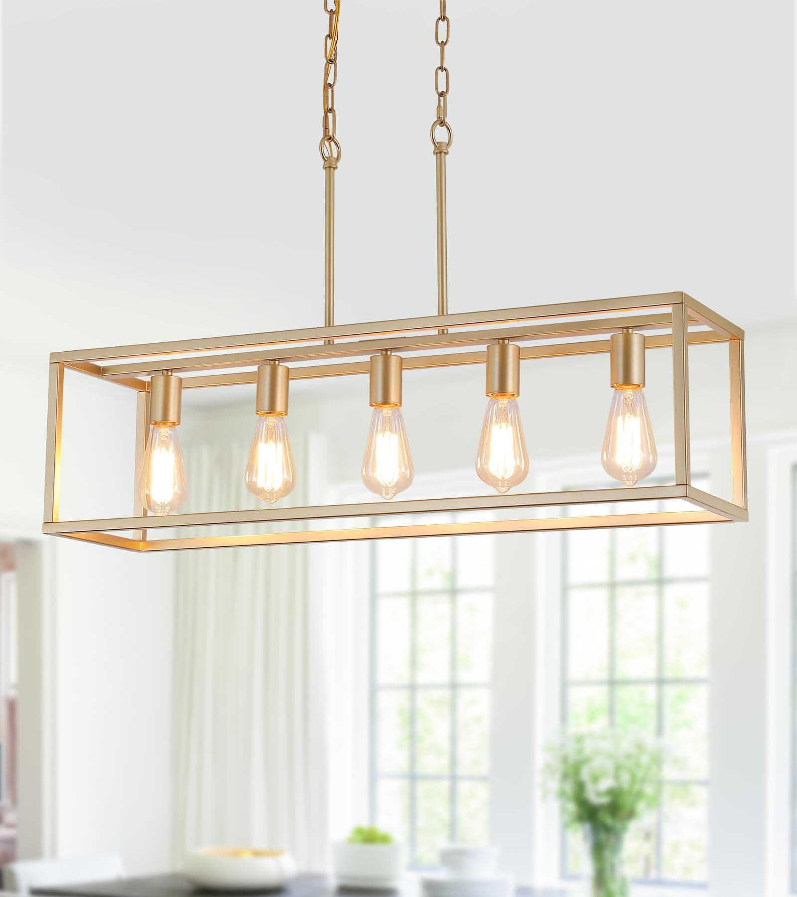 AMZASAGold Rectangle Kitchen Island Lights Rectangular Modern Industrial Chandelier for Dining Room 5 Lights Linear Vintage Cage Light Fixtures UL Listed