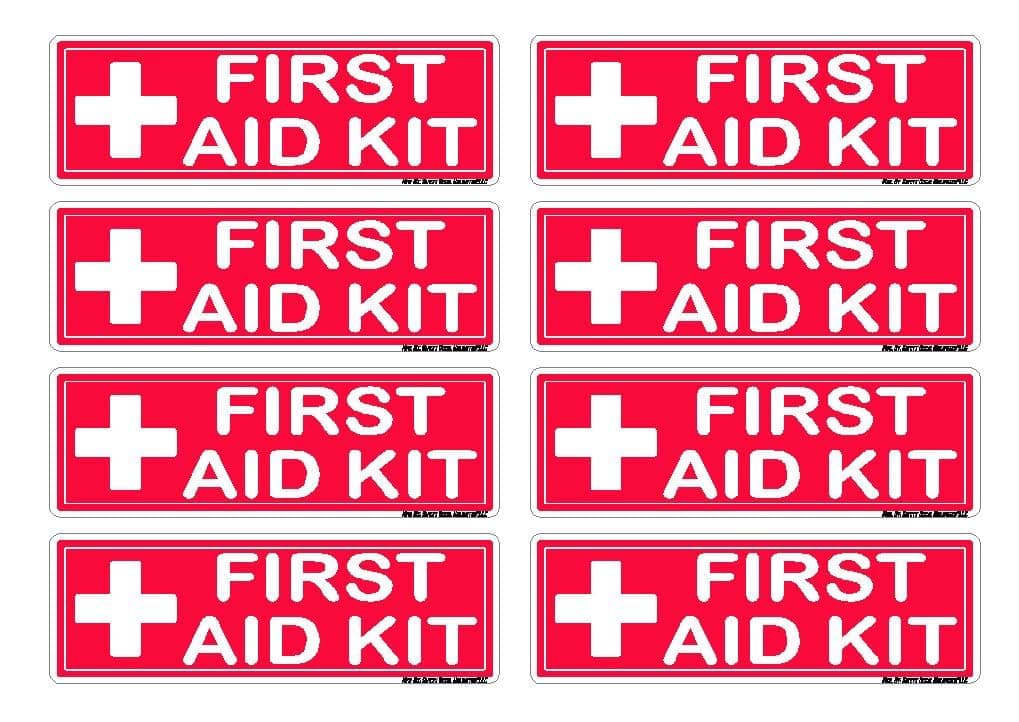8pk First Aid Kit Cabinet Notice Rectangle Window Label Sticker Decal Peel & Stick Red White Made in USA 3x1