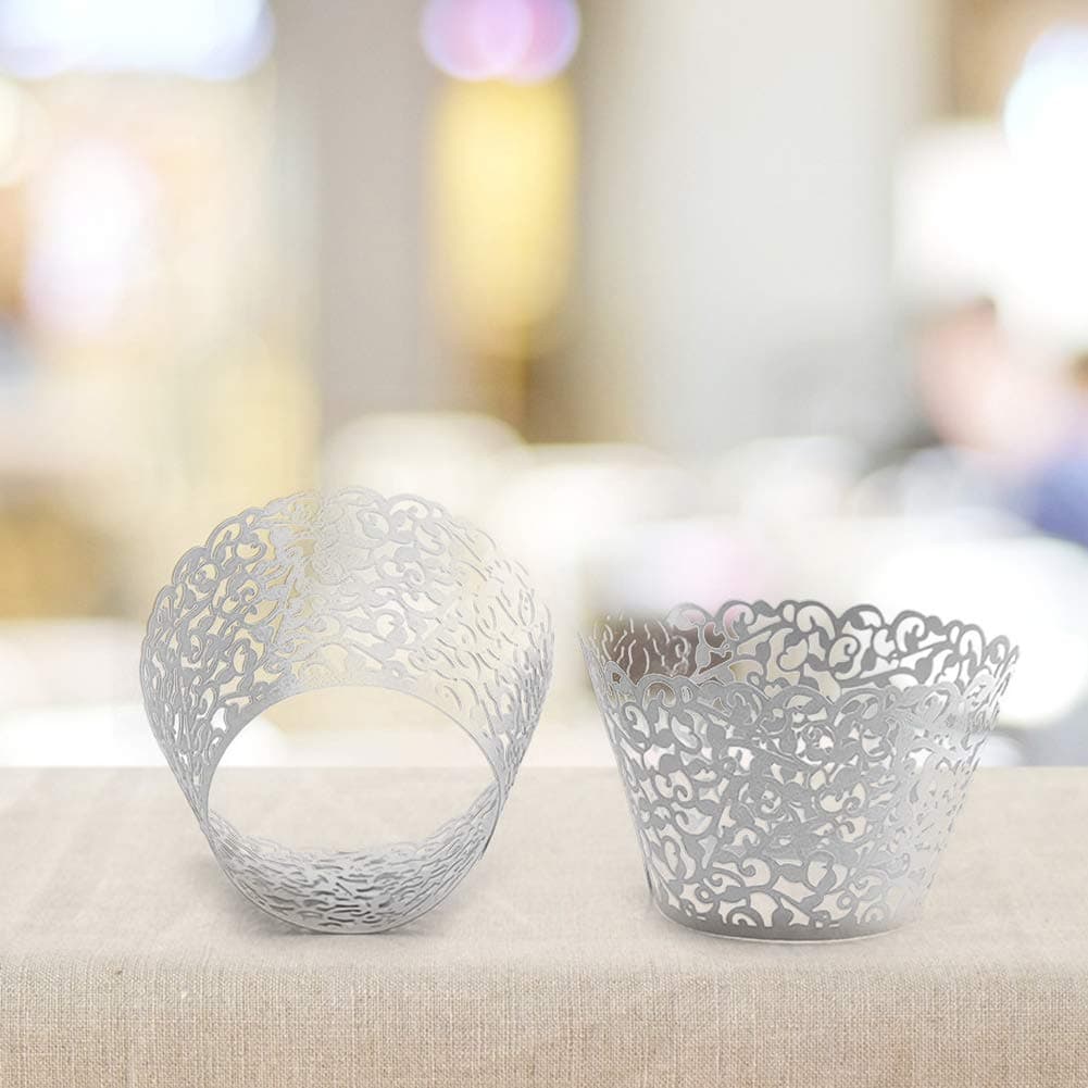 Cupcake Wrapper, Lace Cake Cup, Baking Cup Cake Carrier, Hollow Paper DIY Fondant Cake Decoration for Weddings, Birthdays, Party, Christmas 50 Pieces (Silver Gray)