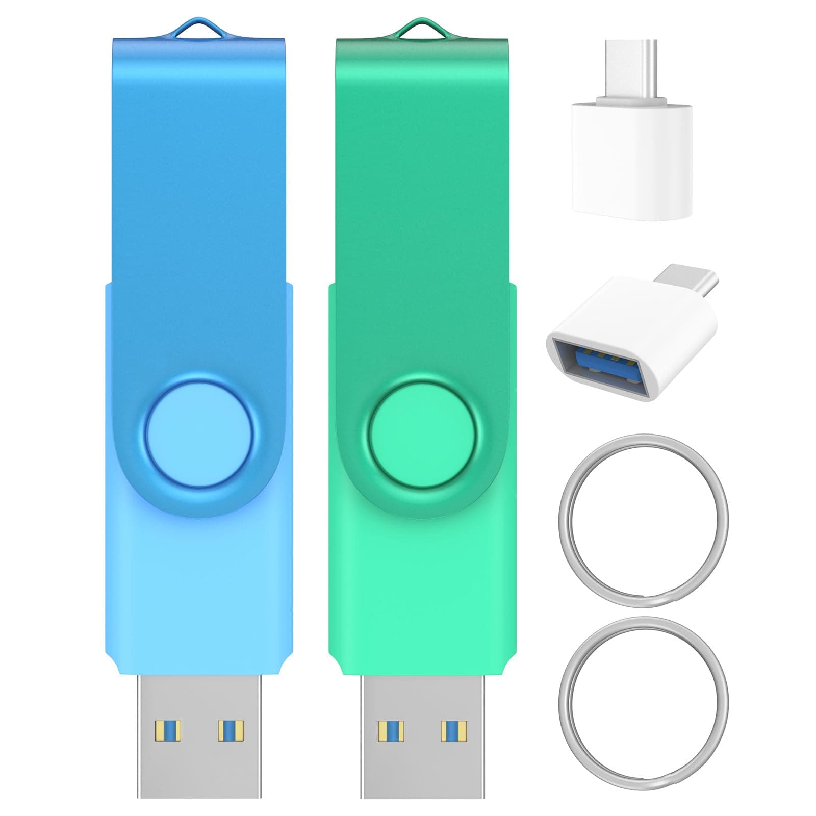 64GB USB 3.0 Flash Drives 2 Pack with USB C 3.0 Adapter and Keychains, Wooolken Swivel Thumb Drives USB Stick Drive Memory Stick