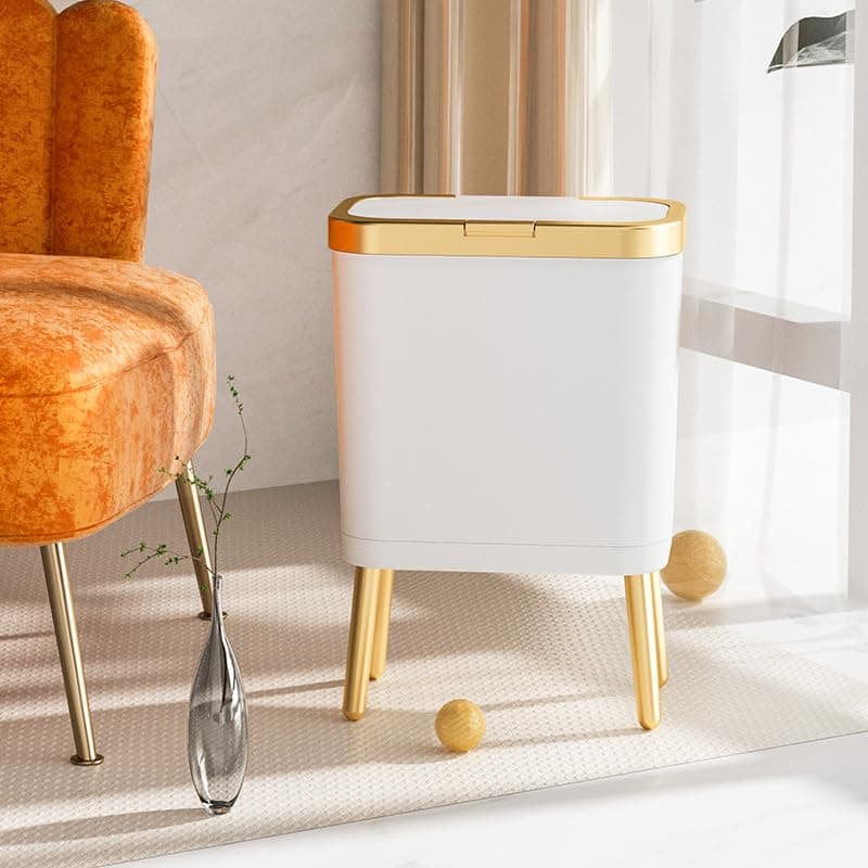 15L Trash Can with Lid, Plastic Garbage Can with Push Button, Modern Narrow Waste Basket, Dog Proof Garbage Can for Kitchen, Bedroom, Living Room (White)