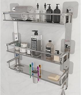 GLOXYStainless Steel Magic Sticker 3 Layer Multipurpose Bathroom Shelf Organizer with Double Soap Dish and Toothbrush Holder Bathroom Accessories Chrome Finish