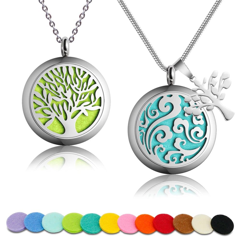 2 PCS Auzer Aromatherapy Essential Oil Diffuser Necklace with 316L Surgical Stainless Steel Pendant Locket 23.6-Inch Chain and 12 Oil Refill Pads (Lifetree + Auspicious Clouds)