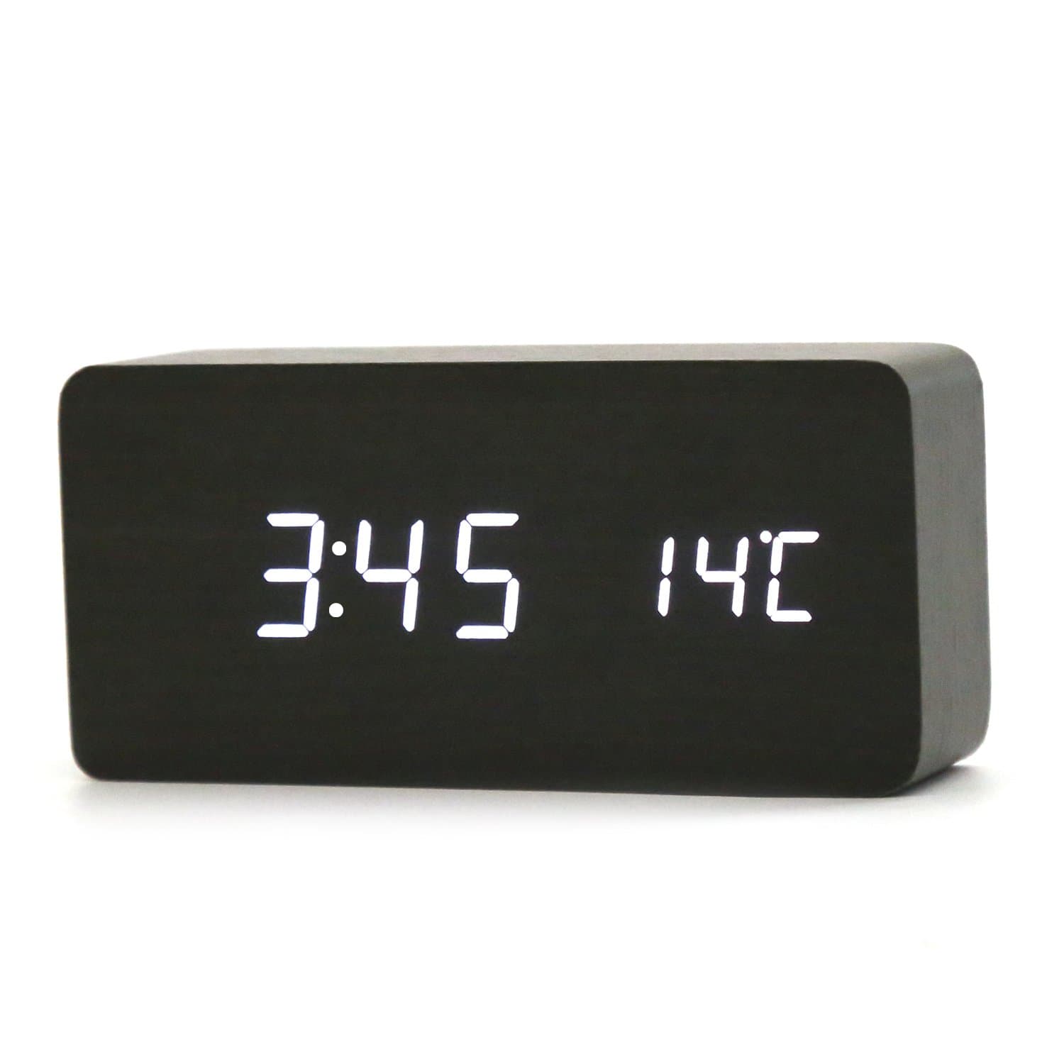 Niceemo LED Digital Wooden Alarm Clock Touch Sound Sensor Voice Contorl Nightlight Large Display Temperature Calendar Mains Powered USB/AAA Battery Modern Clock for Home Office(balck- white)