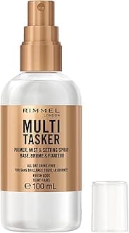 Rimmel Multi-Tasker Primer, Mist & Setting Spray, Shine-Free Finish, Primes Complexion, Refreshes Skin, All-Day Setting Power, Vegan Formula, 100 ml