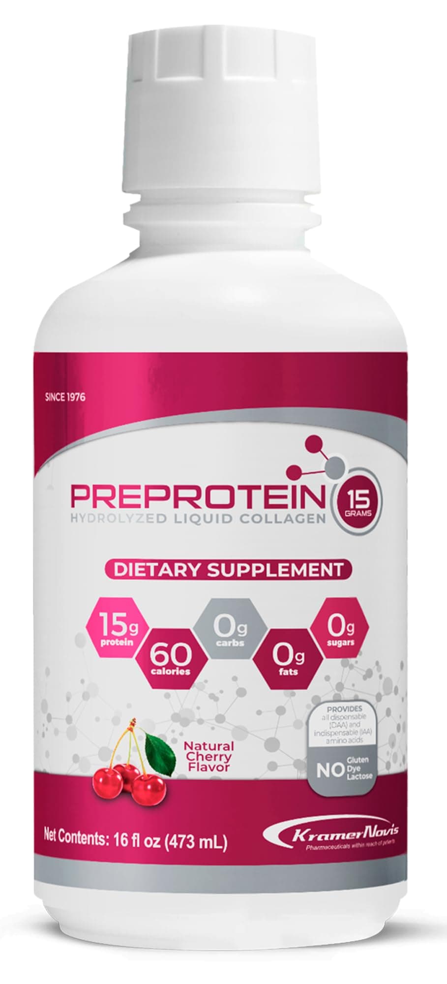 PreProtein 15 Liquid Hydrolyzed Collagen Peptides – Sugar Free Cherry Flavor Drink – 15g Protein Amino Acid Supplement for Bariatric Recovery, Joint Support & Wound Care – 16oz
