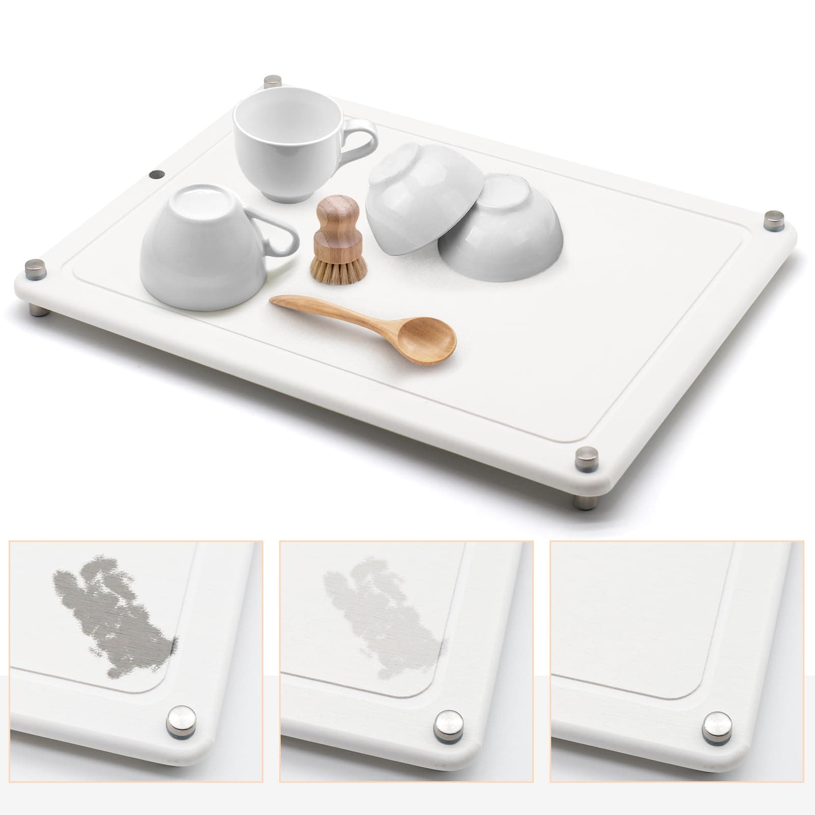 Water Absorbing Stone Dish Drying Mats for Kitchen Counter, Quick Dry Diatomaceous Earth Sink Tray Mat for Dish Bottles Cups, Bathrooms Multi-Room Use - White