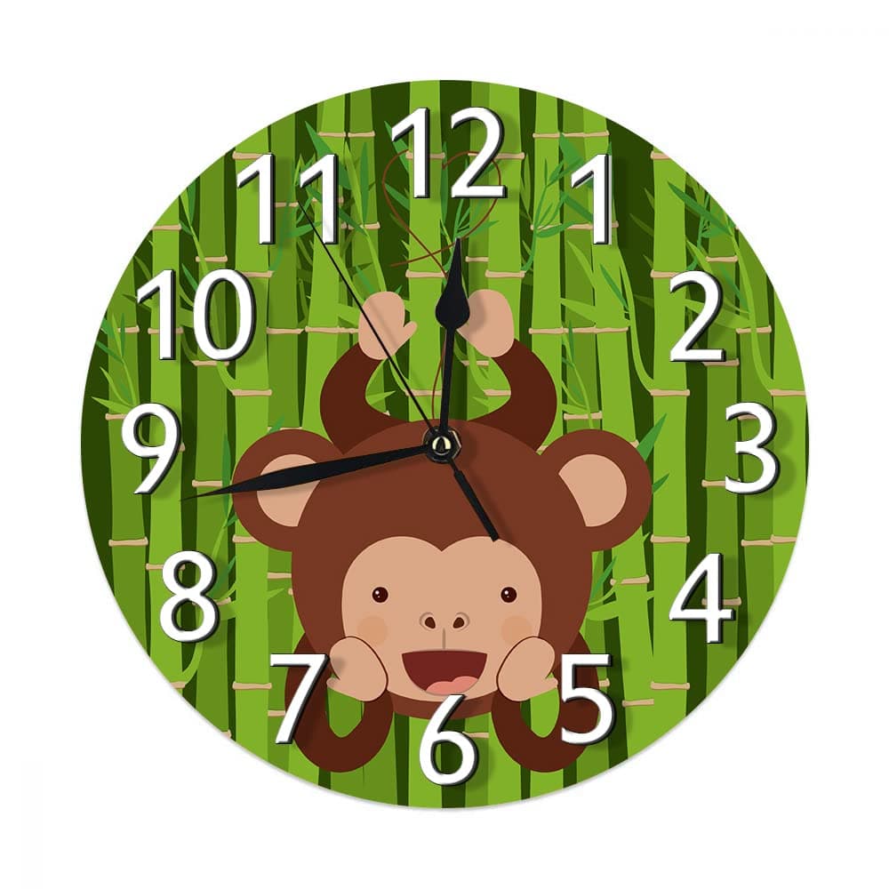AOOEDMCute Monkey Wall Clock Non Ticking,Brown Monkey Hanging ape Bamboo Green Tree Round Wall Clocks Battery Operated for Living Room Bedroom Decor