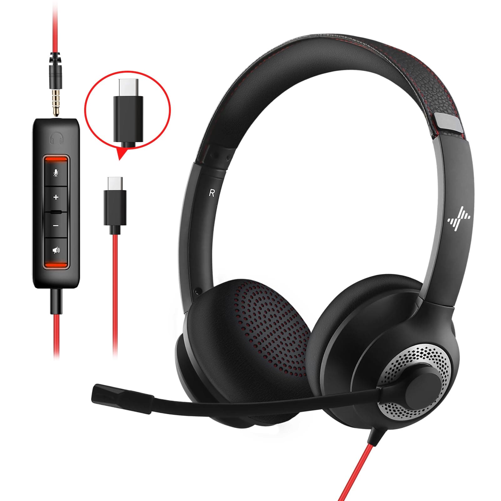 Headset with Microphone for PC Wired Headphones - Type-C Over-Ear 3.5mm Headsets with Noise-Cancelling Microphone for Laptop - Computer Headphones with Mic in-line Control for Home