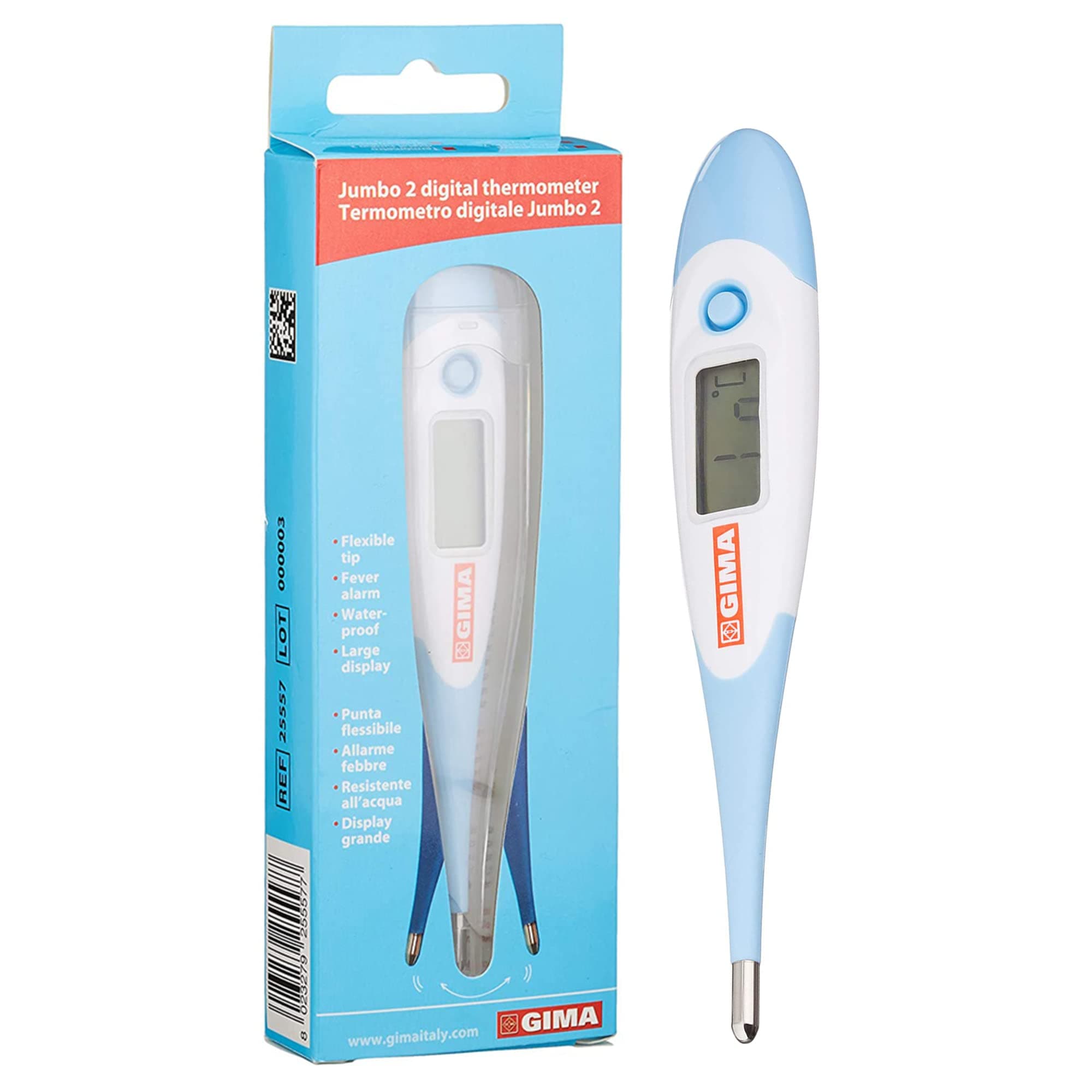 Gima - Flexi Jumbo Digital Thermometer, ° C, Hanging Box, Flexible Tip, Waterproof, with Fever Alarm, for Adults and Children.