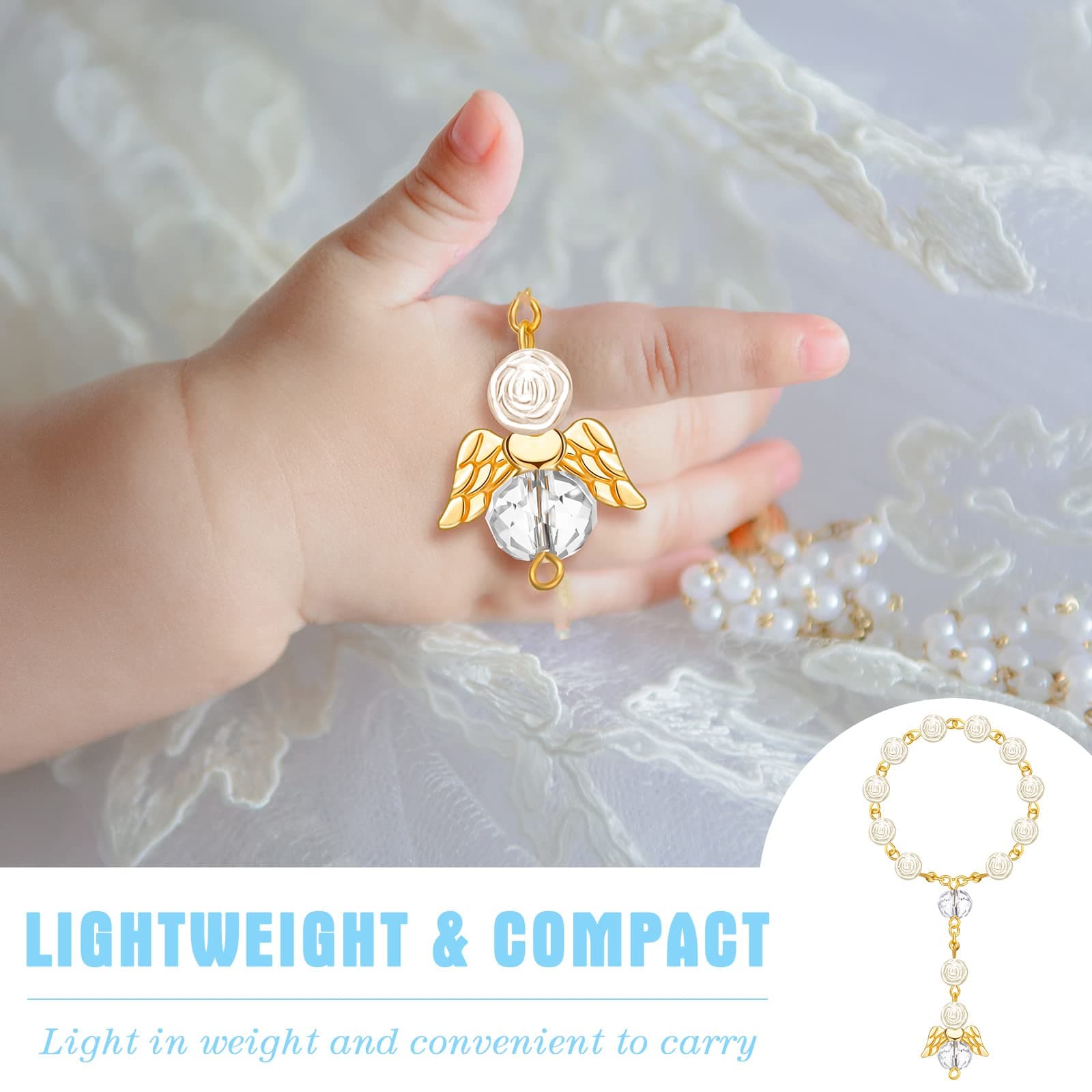 100 Pieces Baptism Rosary Sets Includes 25 Mini Baptism Rosary with Angel, 25 Favor Boxes, 25 Organza Bags and 25 Thank Kraft Tags for Wedding Baby Shower Decor(Gold)