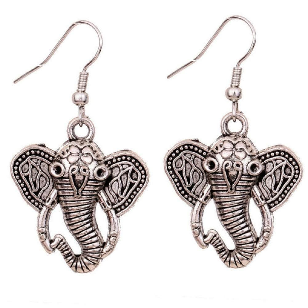 Tibetan Silver Elephant Head with Long Nose Ear Wire Hook Dangle Earrings