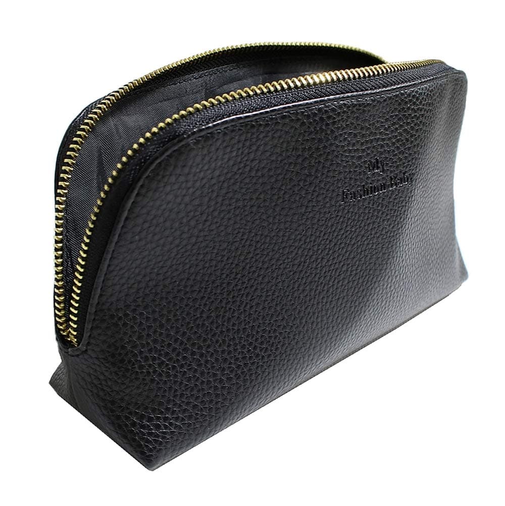 Leather Makeup Bag,Medium Litchi Pattern Cosmetic Bag Pouch Purse Handbag Organizer with Zipper,Toiletry/Travel Bag for Brushes Jewelry Accessories Collection for Women（Black）