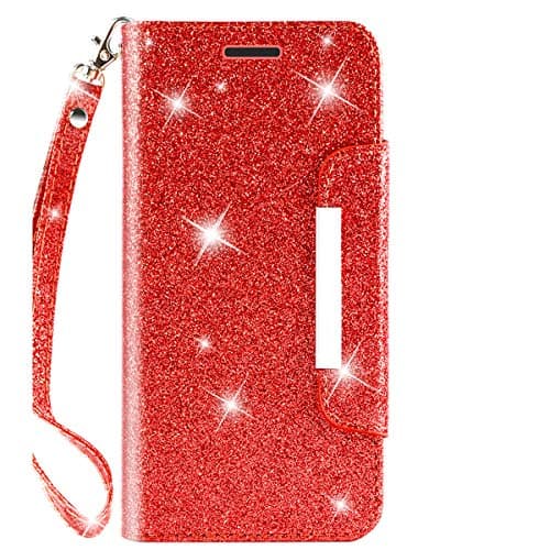 iPod Touch Case 7th Generation 2019 5th / 6th, for iPod 5/6 / 7 with Screen Protector Leather Bling Glitter Wallet Kickstand Credit Card Holder Slot for Girls/Women(Red)