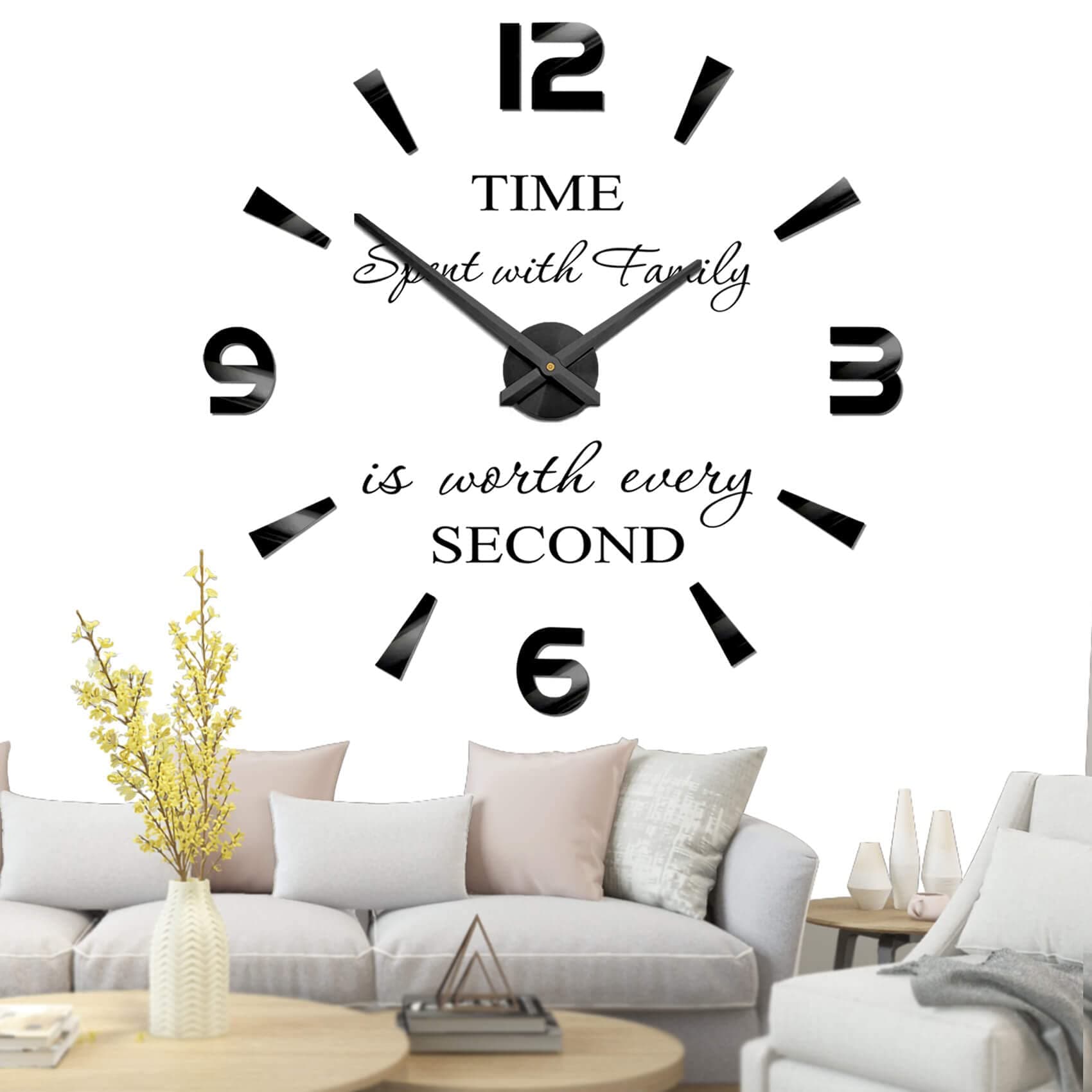 Mintime Frameless Large 3D DIY Wall Clock Mute Mirror Stickers Home and Office School Decoration (Black-73)