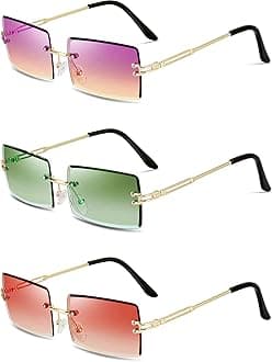 Weewooday Vintage Transparent Rimless Rectangle Sunglasses, 3 Pairs, Green, Red, Gradient Purple