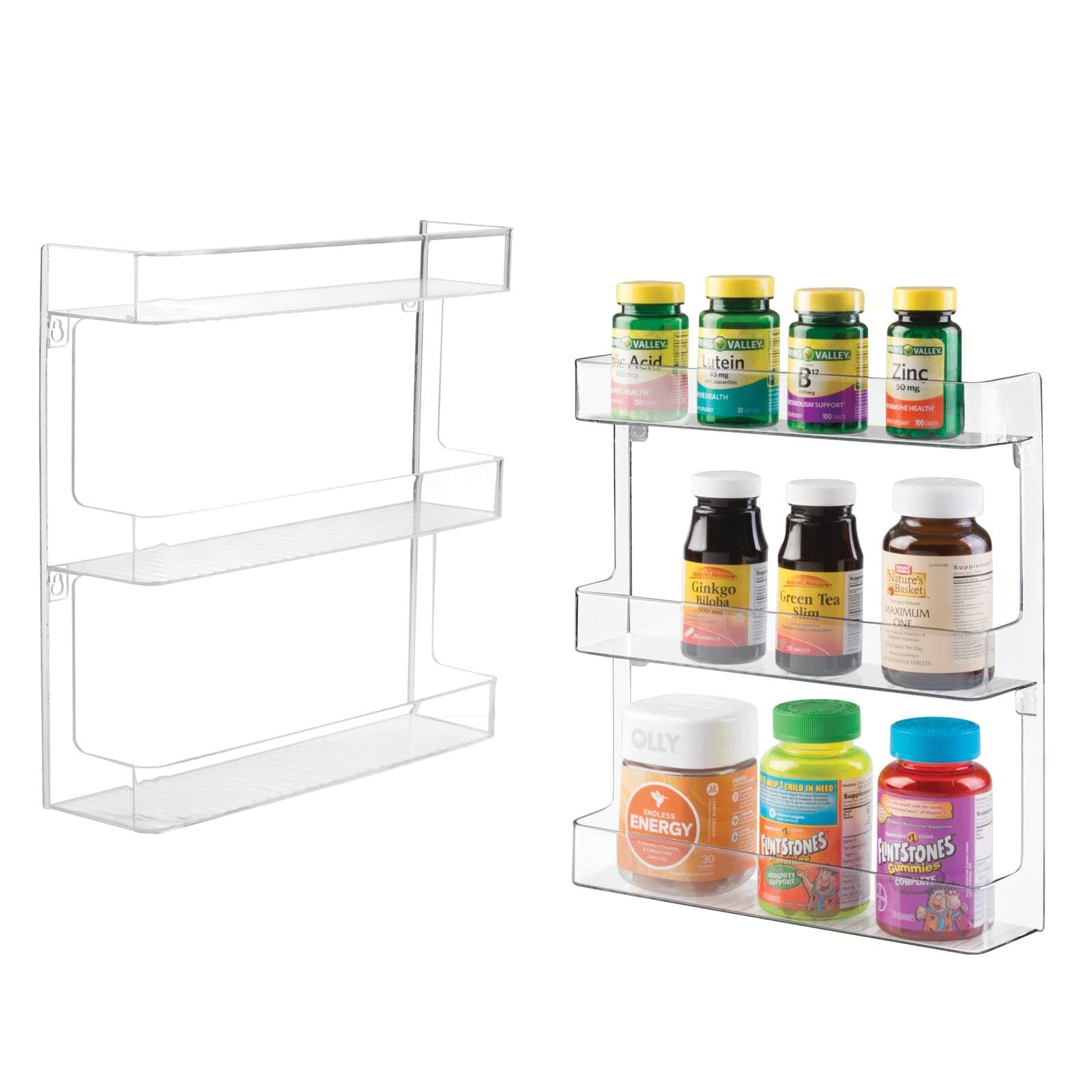 mDesign Plastic Wall Mount, 3 Tier Storage Organizer Shelf to Hold Vitamins, Supplements, Aspirin, Medicine Bottles, Essential Oils, Nail Polish - Large Capacity - Ligne Collection - 2 Pack, Clear