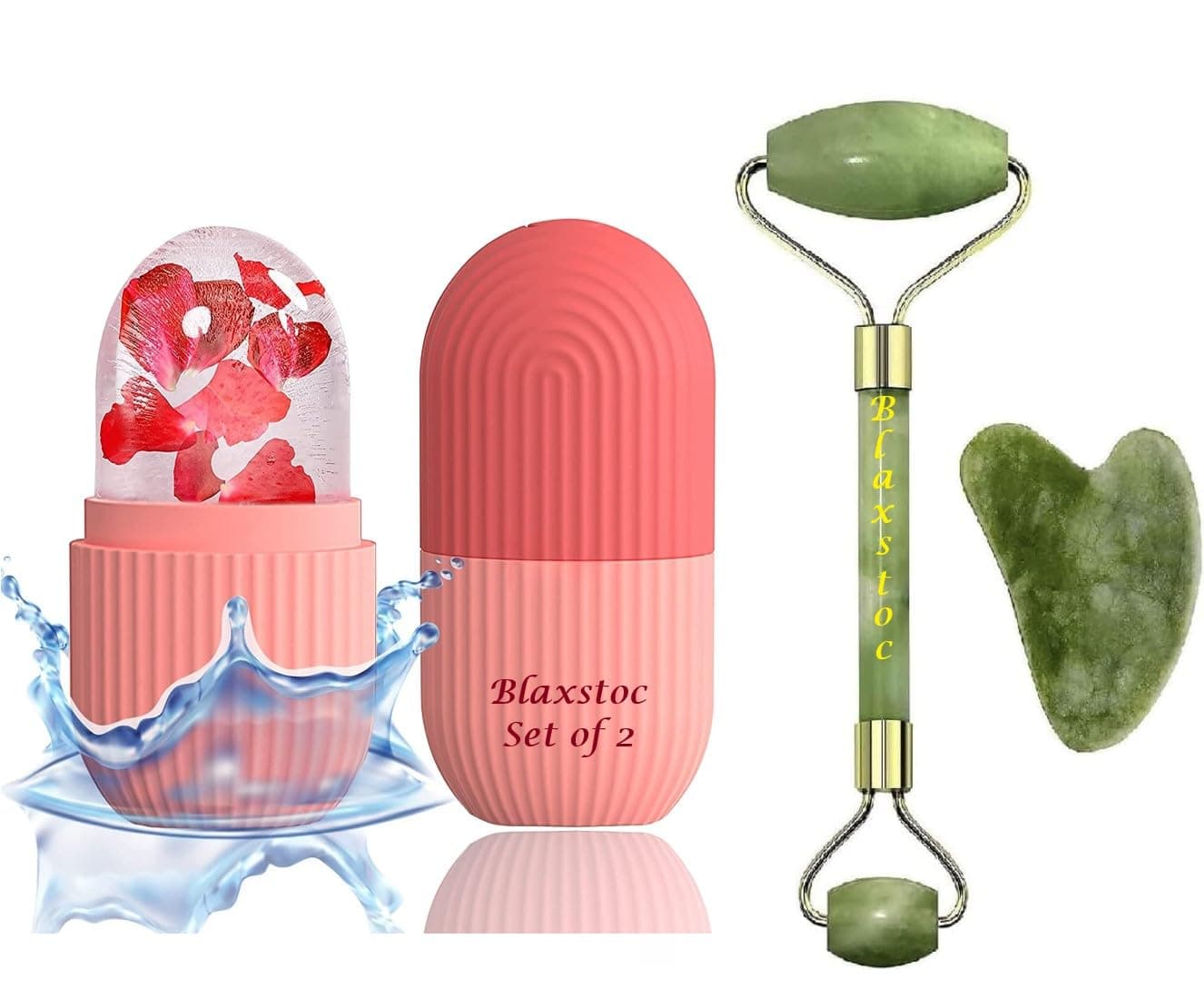 BLAXSTOC Reusable Jade Roller & Gua Sha Stone - Set of 3 with Ice Roller for Face, Guasha Facial Tool & Gua Sha Stone for face, Facial Ice Roller & Ice Massager Jade Roller for Face Massager