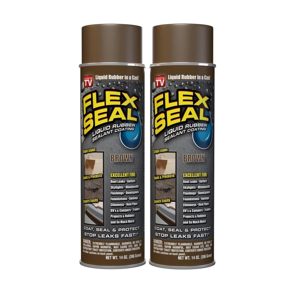 Flex Seal, 14 oz, 2-Pack, Brown, Stop Leaks Instantly, Waterproof Rubber Spray On Sealant Coating, Perfect for Gutters, Wood, RV, Campers, Roof Repair, Skylights, Windows, and More