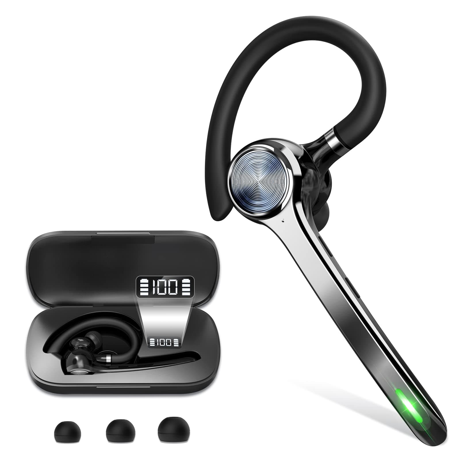 Bluetooth Headset, Wireless Bluetooth Earpiece with 500mAh Charging Case 72 Hours Talking Time Built-in Microphone for iOS Android Cell Phone, V5.1 Hand-Free Headphones for Trucker, Office