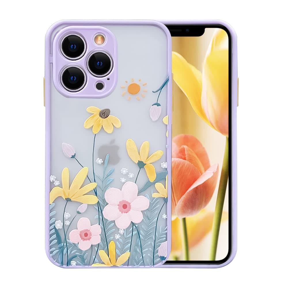 Ownest Compatible with iPhone 13 Pro Max Case for Clear Frosted PC Back 3D Floral Girls Woman and Soft TPU Bumper Protective Silicone Slim Shockproof Case for iPhone 13 Pro Max-Taro Purple