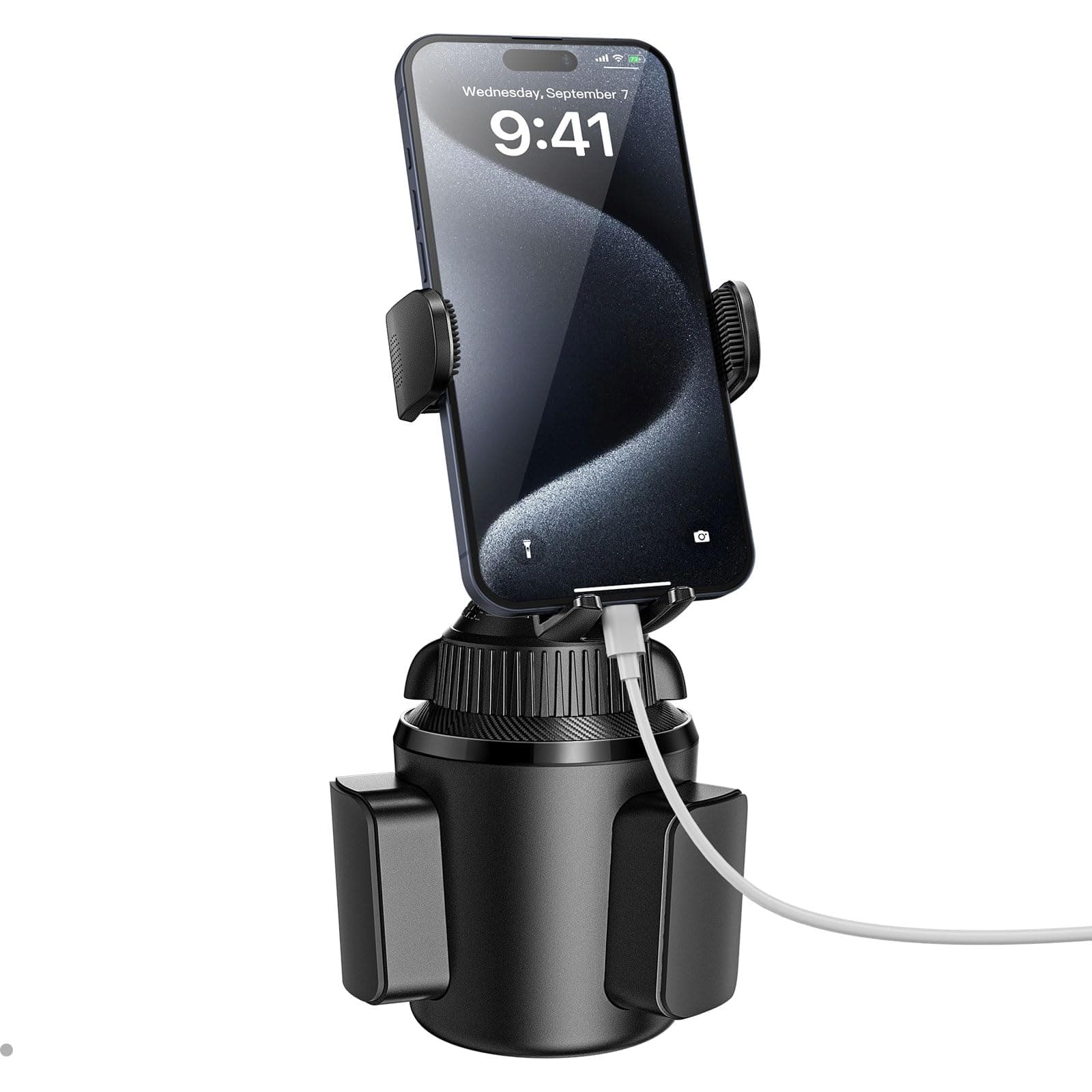 Solid Cup Holder Phone Mount for Car Truck with Quick Extension Long Arm Fast Swivel Adjustable Height 360 Rotatable, Low Profile Universal APPS2Car Mobile Mount Compatible with All Cell Phone iPhone