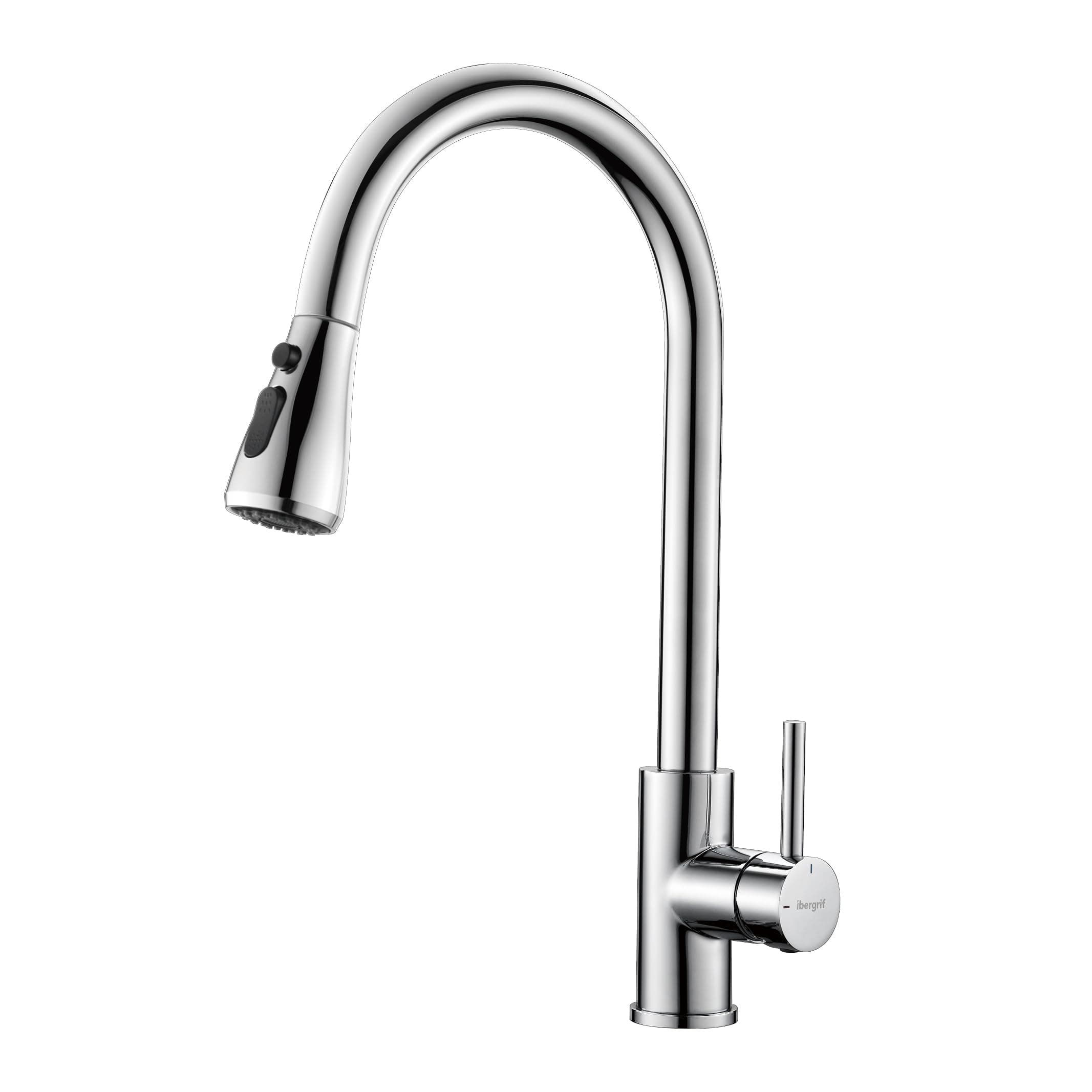Ibergrif M22136 Kitchen Mixer Tap with Pull Out Spray, 360° Swivel, High Arc, 3 Spray Modes, Single Handle, Stainless Steel, Chrome