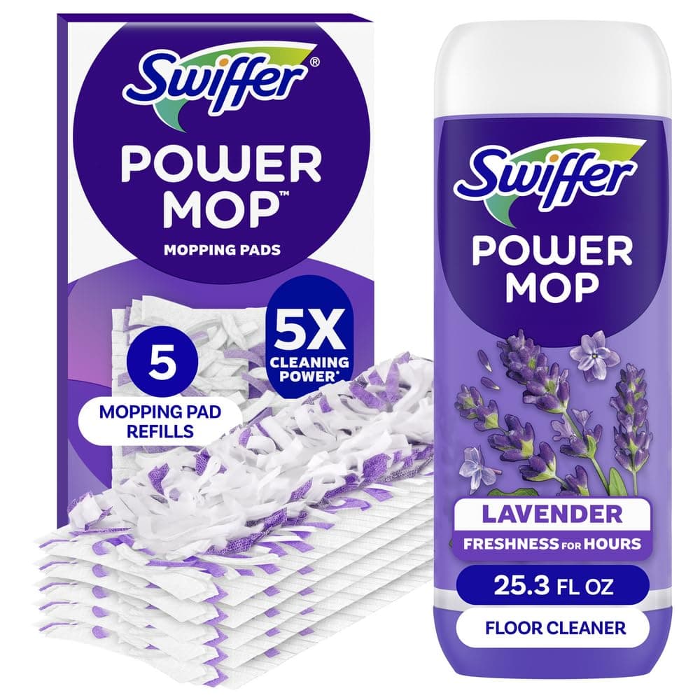 Swiffer Power Mop Refill Pack, Floor Cleaner for Mopping Tile, Vinyl, Laminate, Wood in Home, Bathroom, Kitchen, All Purpose Multi-Surface Cleaning, 5 Pads + 1 Lavender Solution