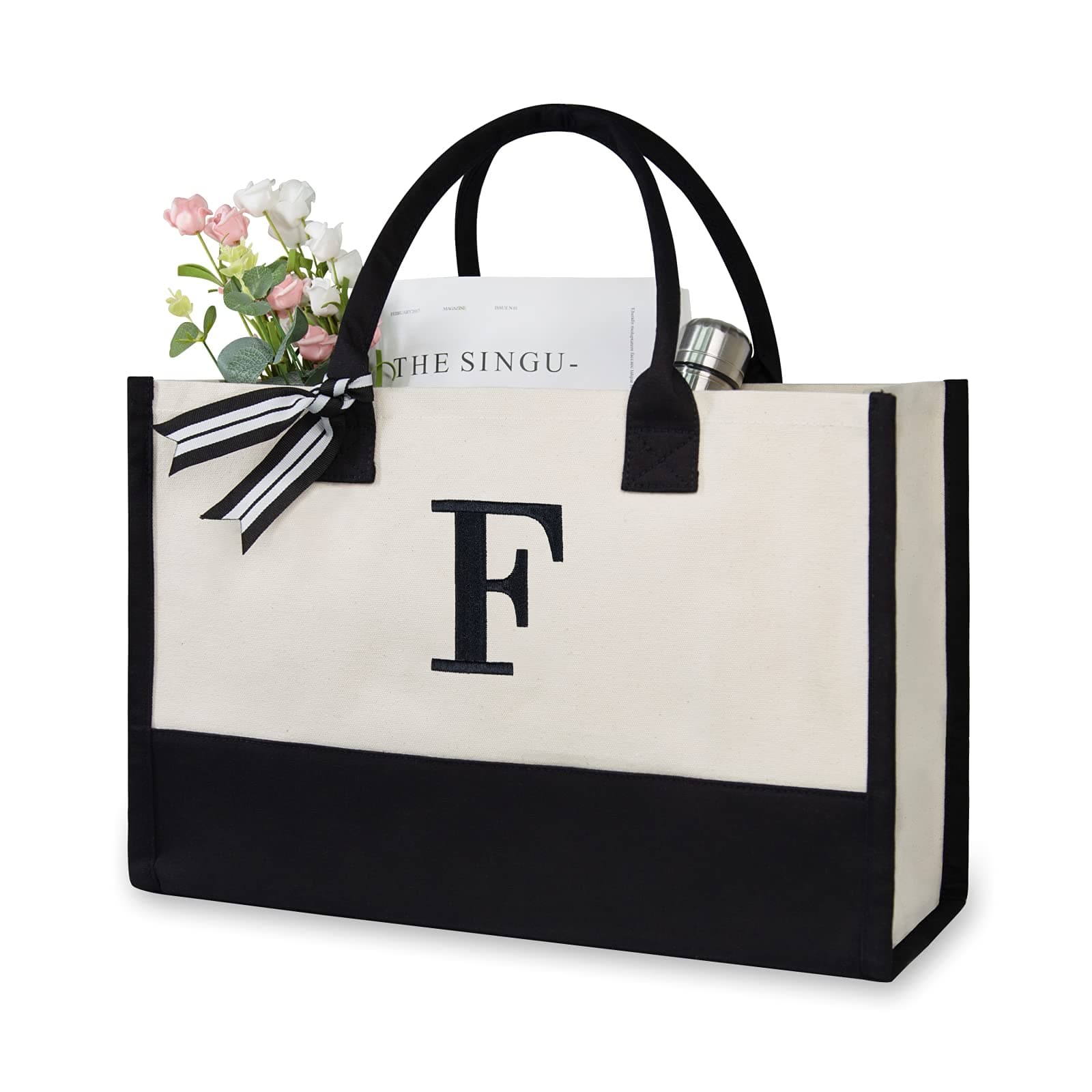 TOPDesign Personalized Initial Canvas Beach Bag, Monogrammed Gift Tote Bag for Women, Black & White, Medium, F