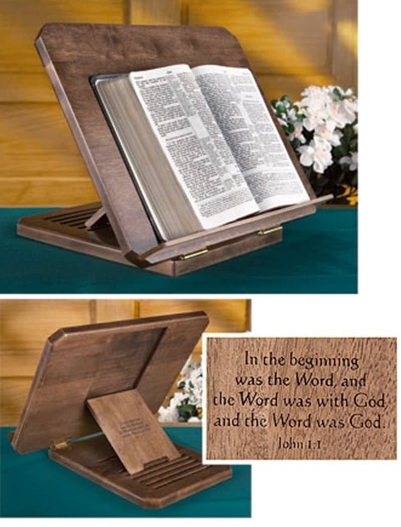 Handcrafted Maple Wooden Bible Stand with Silk Screened Engraved Scripture, 13 Inch