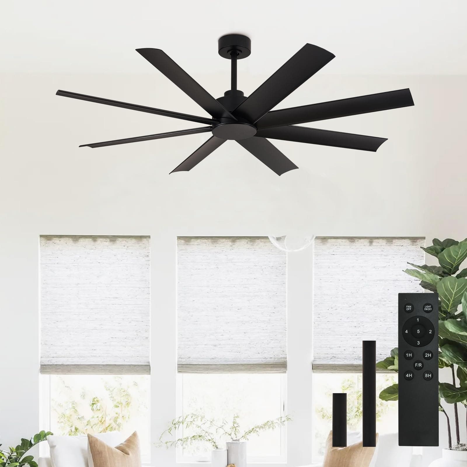 Depuley Modern Ceiling Fan with Remote Control, 5-Speed Noiseless Reversible Powerful DC Motor, Adjustable Ceiling Fan Without Light for Bedroom Dining Living Room,Timing, 8 Blades,72Inch,Black