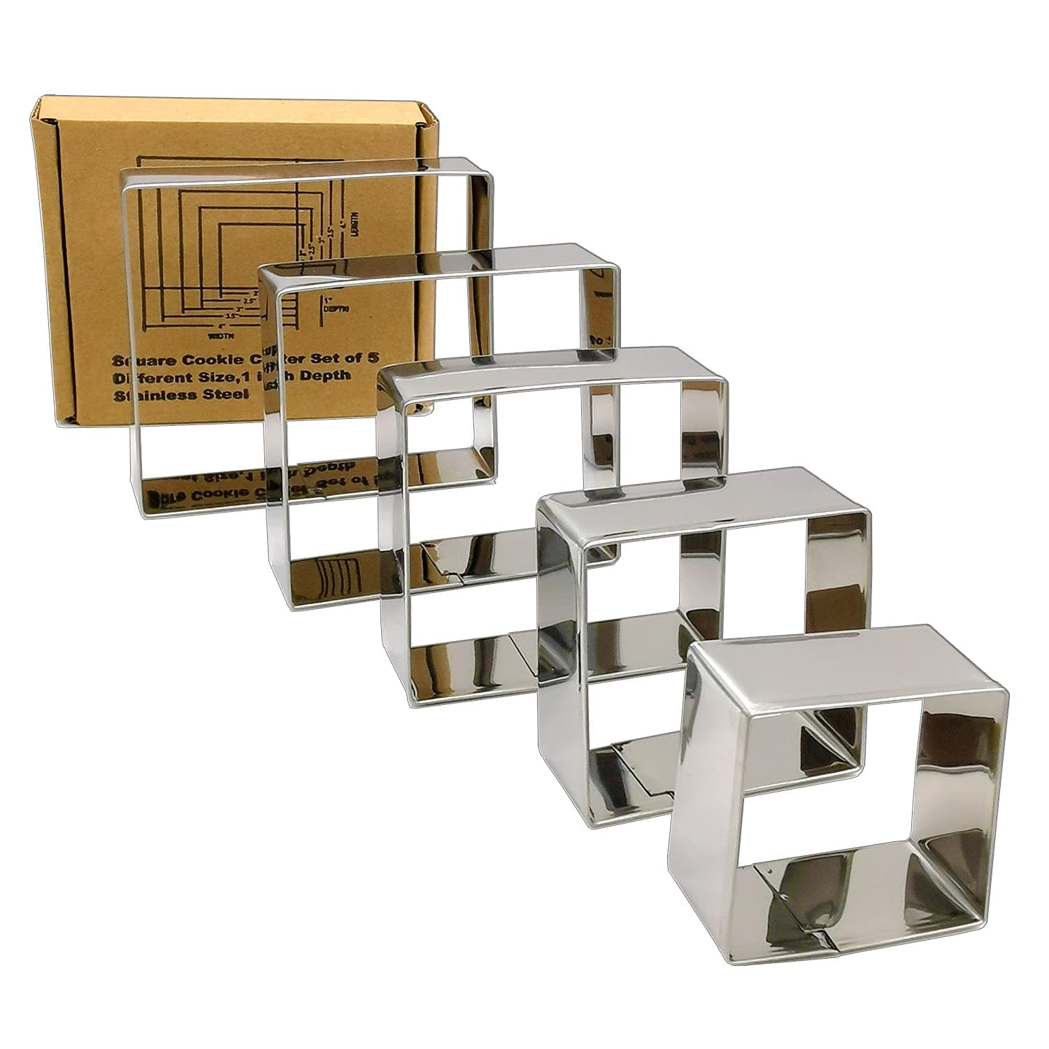 Square Cookie Cutter Set-5 Pack Stainless Steel Square Biscuit Molds Fondant Cake Cookie Cutter Set Pastry Mold-2",2.5", 3", 3.5",4"