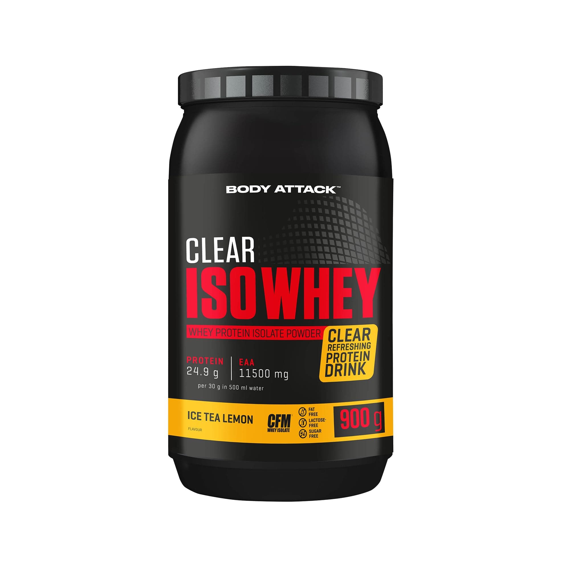 Body Attack Clear ISO Whey - Ice Tea Lemon Flavour - 900 g - Made in Germany - Refreshing, Clear Whey Protein Isolate - 24 g Protein and 11,400 mg EAAs per Iso Whey Shake, Sugar & Fat Free