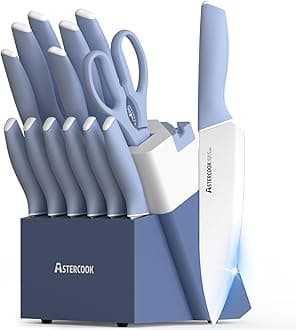 Kitchen Knife Set with Block and Sharpener 15 Piece German High Carbon Stainless Steel Knives Sharp Blade Dishwasher Safe Deba Knives with Ergonomic Handle, Delicate Blue