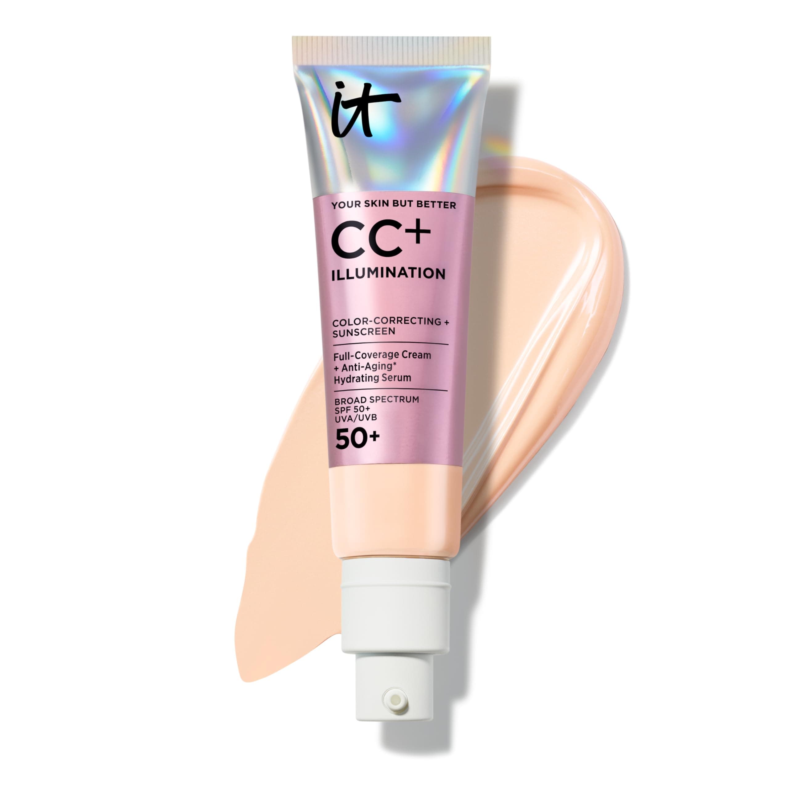 IT Cosmetics CC+ Cream Illumination - Radiant Full Coverage Foundation With SPF 50+, Color Corrector & Hydrating Anti-Aging Serum, Hydrolyzed Collagen + Peptides, Normal to Dry Skin - 1.08 fl oz