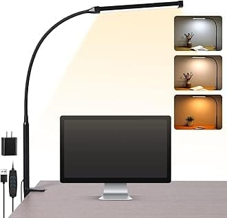 Voncerus AONELAS LED Desk lamp with Clamp, Eye-Caring Clip on Lights for Home Office, 3 Modes 10 Brightness, Long Flexible Gooseneck,Metal, Swing Arm Architect Task Table Lamps USB Adapter, Black