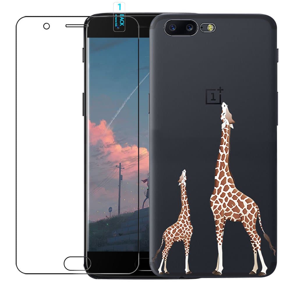 Oneplus 5 Case with Tempered Glass Screen Protector, Blossom01 Ultra Thin Soft Gel TPU Silicone Case Cover with Cute Cartoon for Oneplus 5 - Giraffe