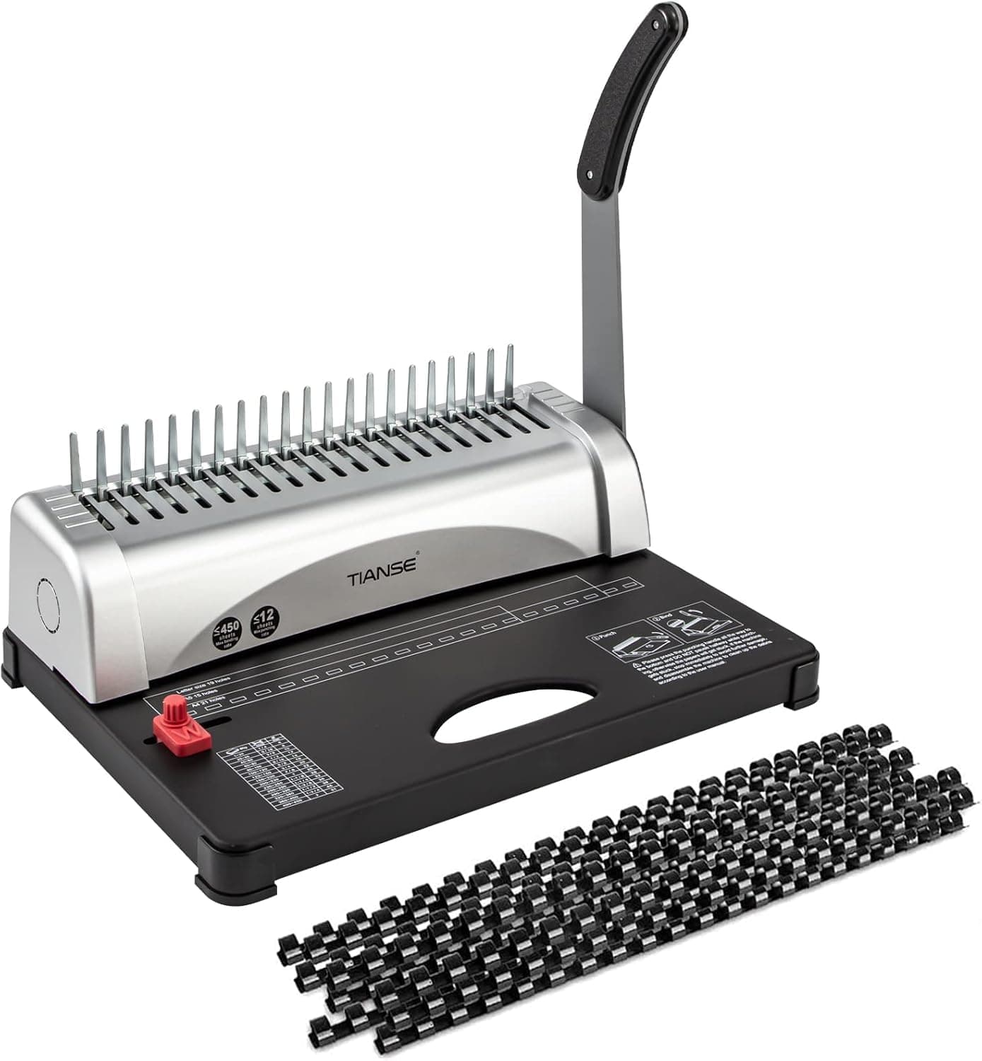 TIANSE Binding Machine, 21-Hole, 450 Sheet, Comb Binding Machine with Starter Kit 100 PCS 3/8' Comb Binding Spines, Comb Binding Machine Perfect for Daily Office Documents